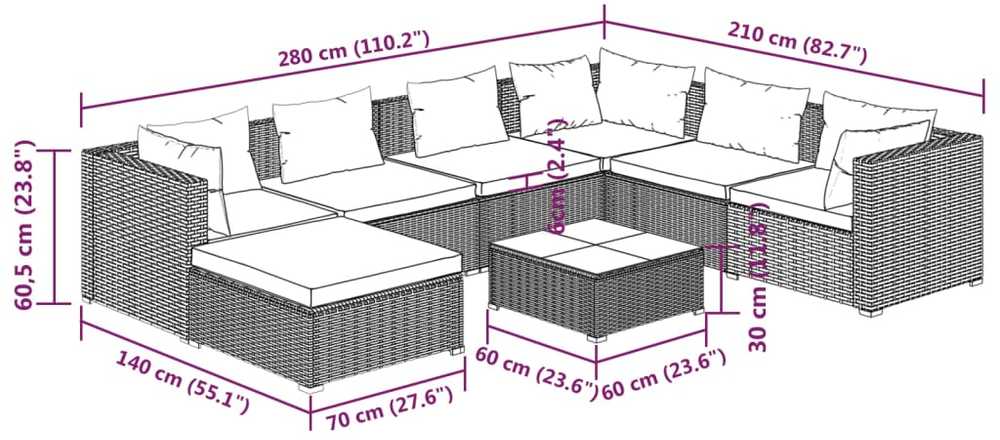 Sodo komplektas su pagalvėlėmis, 8 dalių, juodas, poliratanas