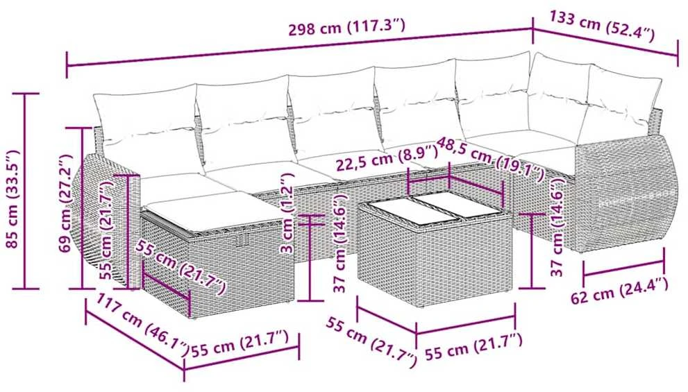 Lauko baldų komplektas Sodo komplektas su pagalvėlėmis, 8 dalių, pilkas, poliratanas