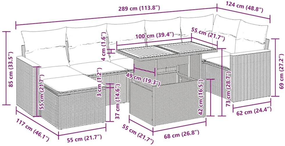 Lauko baldų komplektas Sodo komplektas su pagalvėlėmis, 8 dalių, poliratanas/akacija