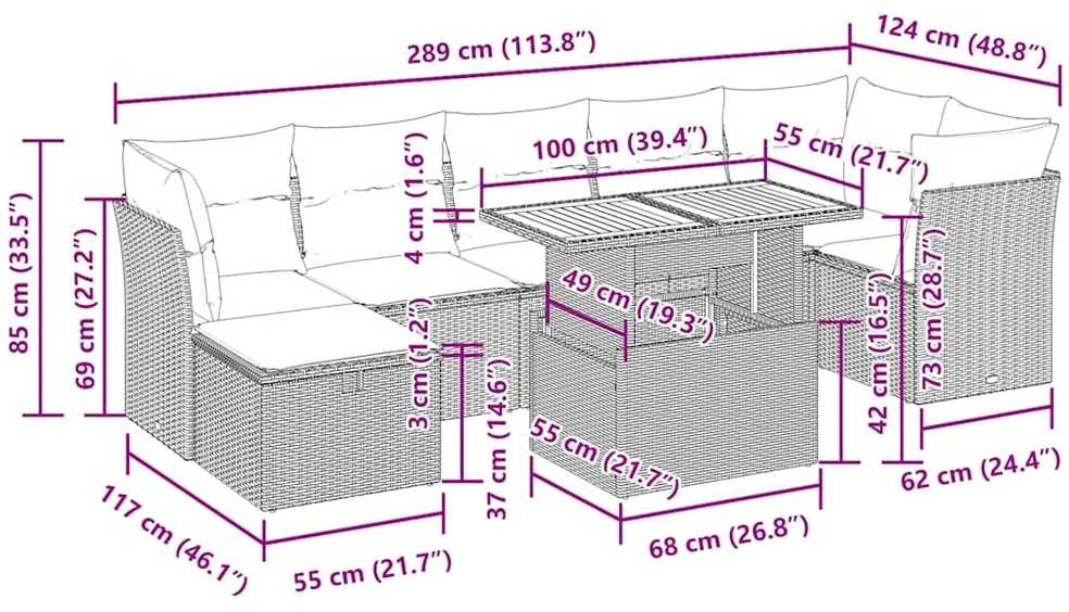 Lauko baldų komplektas Sodo komplektas su pagalvėlėmis, 8 dalių, poliratanas/akacija