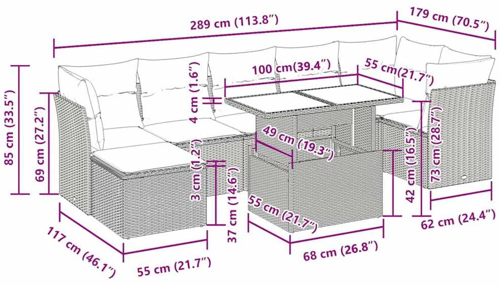 Lauko baldų komplektas Sodo komplektas su pagalvėlėmis, 8 dalių, rudas, poliratanas