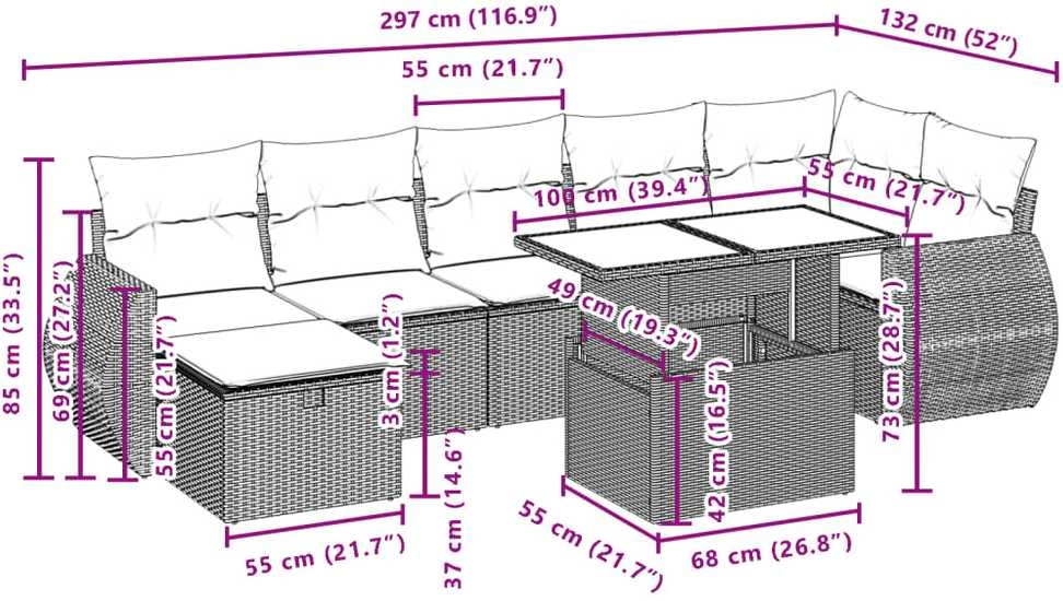 Lauko baldų komplektas Sodo komplektas su pagalvėlėmis, 8 dalių, pilkas, poliratanas