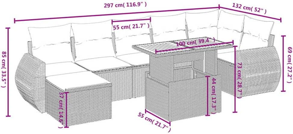 Lauko baldų komplektas Sodo komplektas su pagalvėlėmis, 8 dalių, pilkas, poliratanas