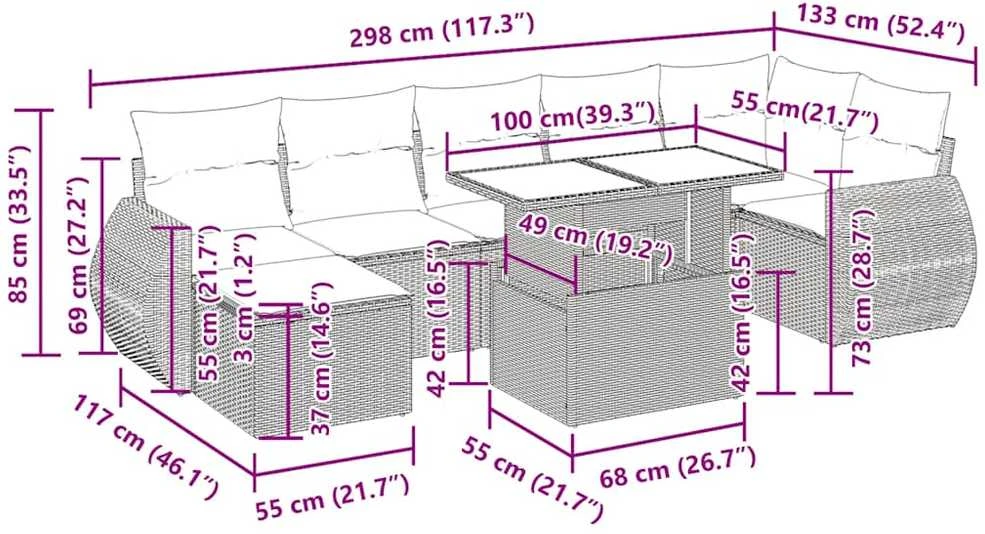 Lauko baldų komplektas Sodo komplektas su pagalvėlėmis, 8 dalių, poliratanas/akacija