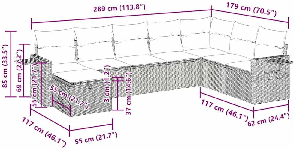 Lauko baldų komplektas Sodo komplektas su pagalvėlėmis, 8 dalių, pilkas, poliratanas