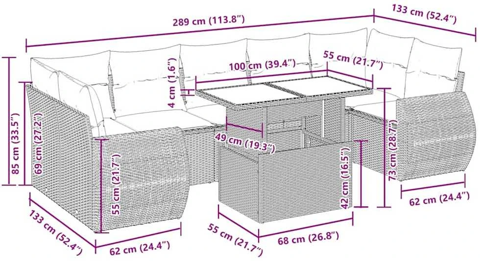 Lauko baldų komplektas Sodo komplektas su pagalvėlėmis, 8 dalių, pilkas, poliratanas