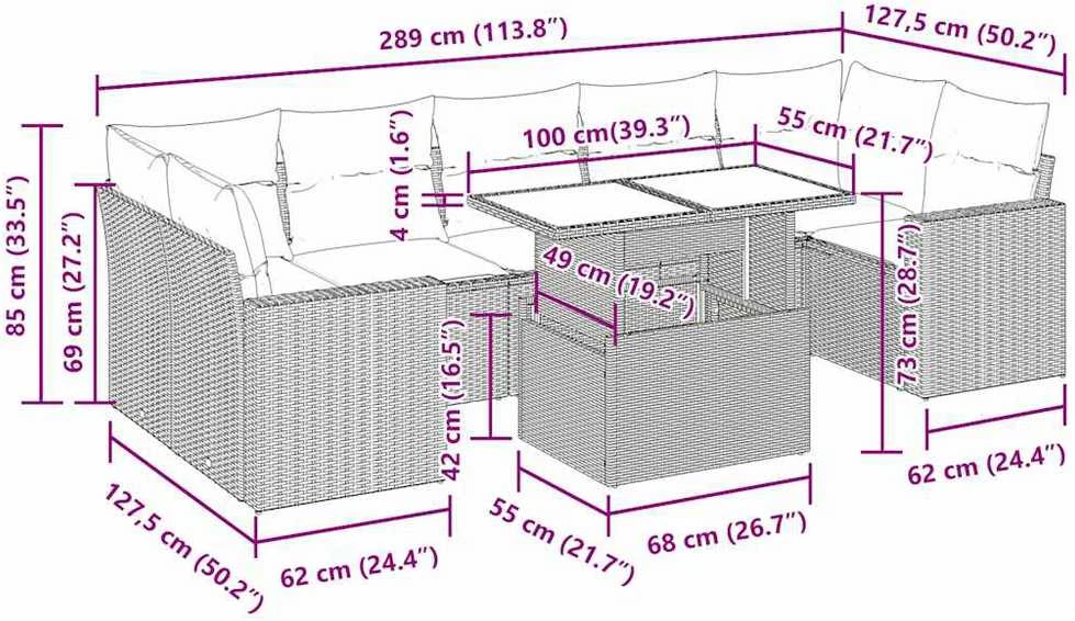 Lauko baldų komplektas Sodo komplektas su pagalvėlėmis, 8 dalių, rudas, poliratanas