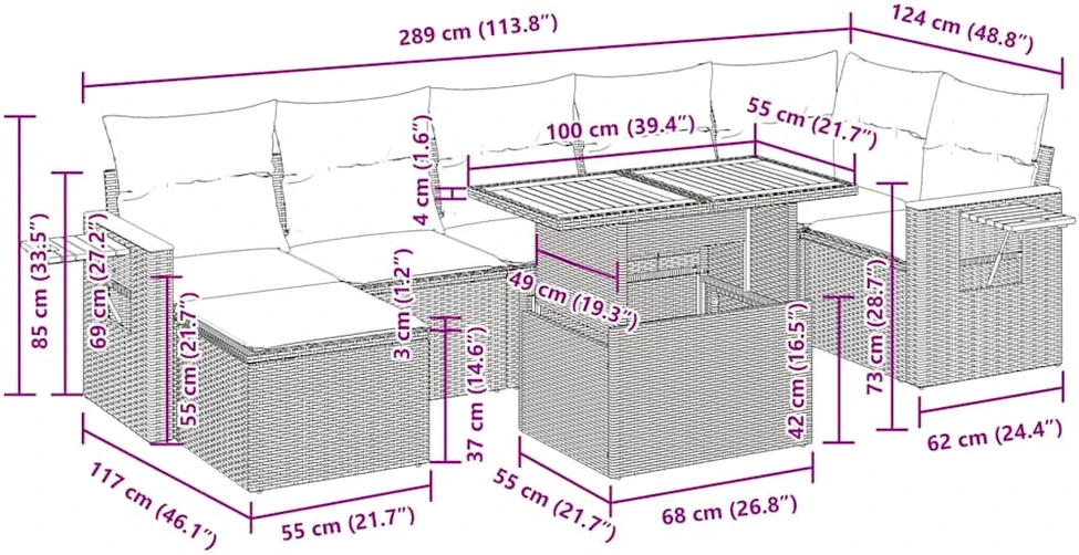 Sodo komplektas su pagalvėlėmis, 8 dalių, poliratanas/akacija