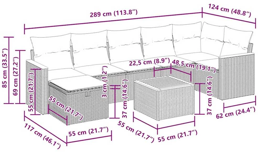 Lauko baldų komplektas Sodo komplektas su pagalvėlėmis, 8 dalių, pilkas, poliratanas