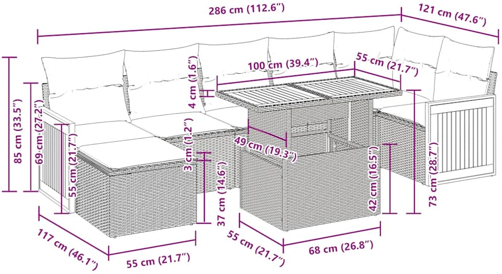 Lauko baldų komplektas Sodo komplektas su pagalvėlėmis, 7 dalių, poliratanas/akacija