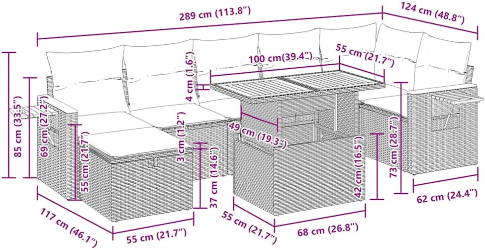 Lauko baldų komplektas Sodo komplektas su pagalvėlėmis, 8 dalių, poliratanas/akacija