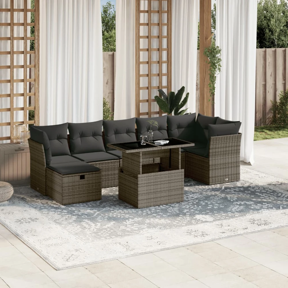 Lauko baldų komplektas Sodo komplektas su pagalvėlėmis, 8 dalių, pilkas, poliratanas