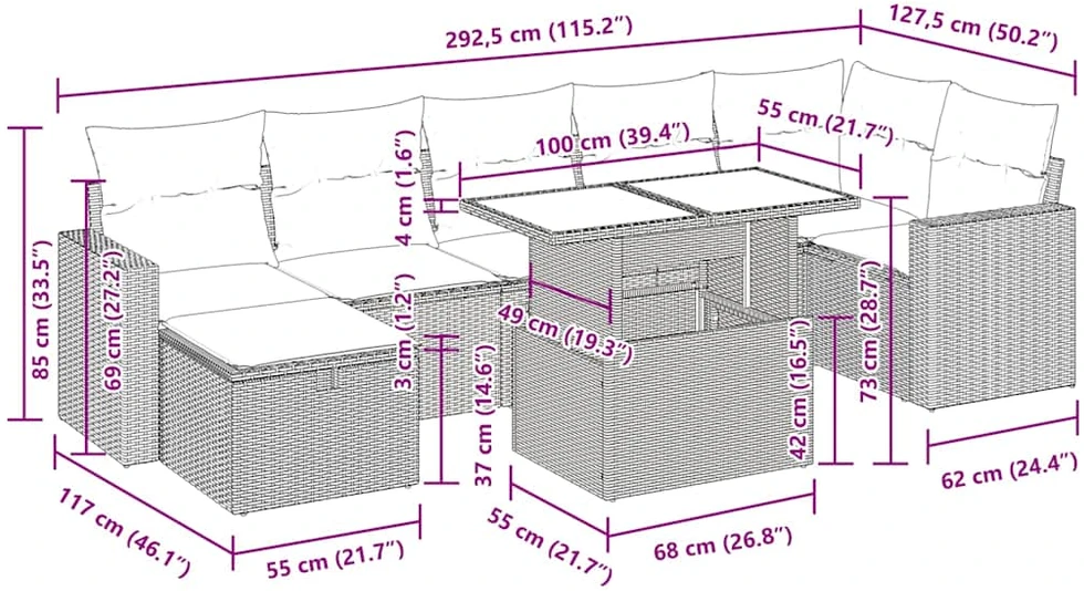 Sodo komplektas su pagalvėlėmis, 8 dalių, pilkas, poliratanas
