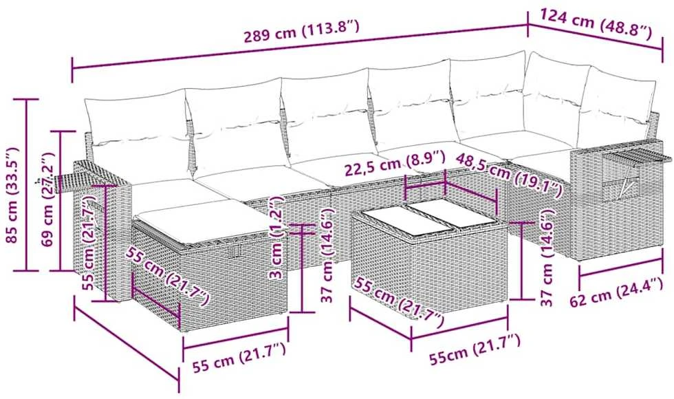 Lauko baldų komplektas Sodo komplektas su pagalvėlėmis, 8 dalių, pilkas, poliratanas