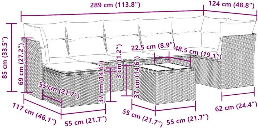 Lauko baldų komplektas Sodo komplektas su pagalvėlėmis, 8 dalių, rudas, poliratanas