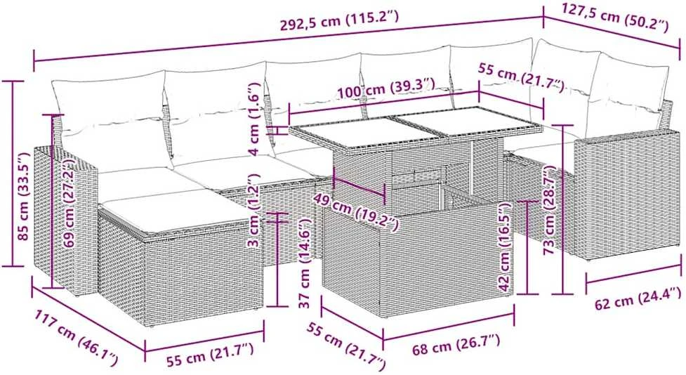 Lauko baldų komplektas Sodo komplektas su pagalvėlėmis, 8 dalių, poliratanas/akacija