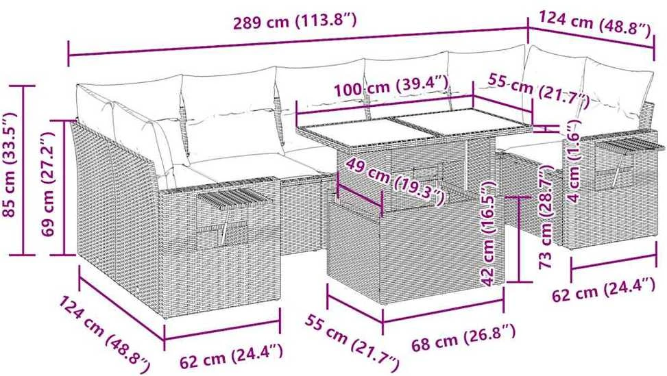 Lauko baldų komplektas Sodo komplektas su pagalvėlėmis, 8 dalių, pilkas, poliratanas