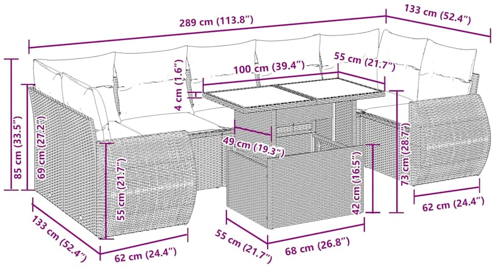 Lauko baldų komplektas Sodo komplektas su pagalvėlėmis, 8 dalių, pilkas, poliratanas