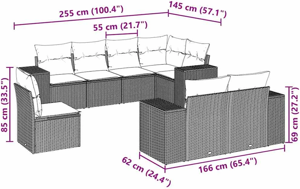 Sofa Sodo komplektas su pagalvėlėmis, 8 dalių, pilkas, poliratanas