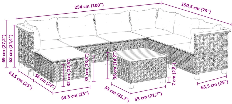 Lauko baldų komplektas Sodo komplektas su pagalvėlėmis, 8 dalių, pilkas, poliratanas