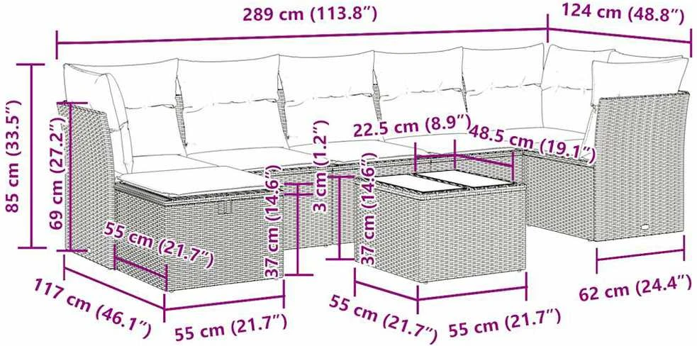 Lauko baldų komplektas Sodo komplektas su pagalvėlėmis, 8 dalių, pilkas, poliratanas
