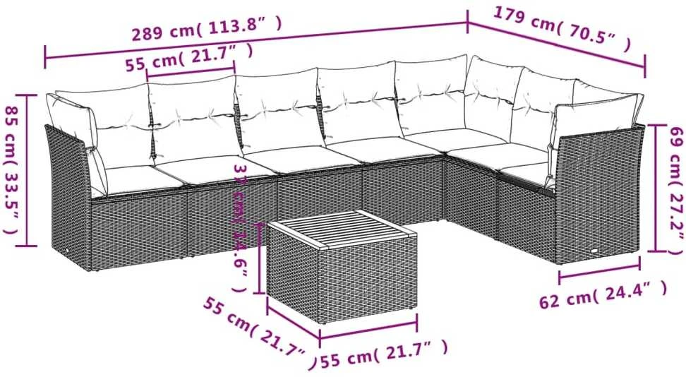 Lauko baldų komplektas Sodo komplektas su pagalvėlėmis, 8 dalių, pilkas, poliratanas