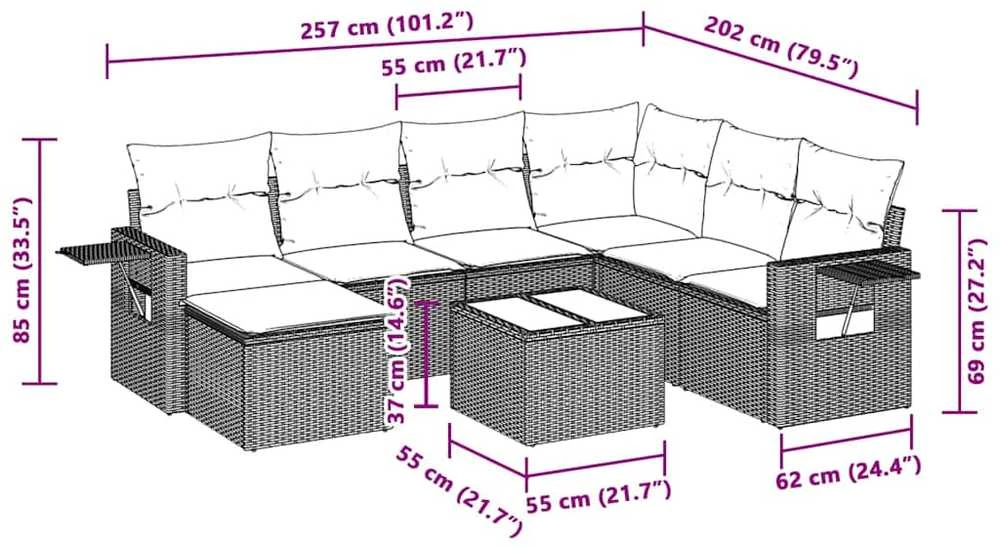 Sofa Sodo komplektas su pagalvėlėmis, 8 dalių, pilkas, poliratanas