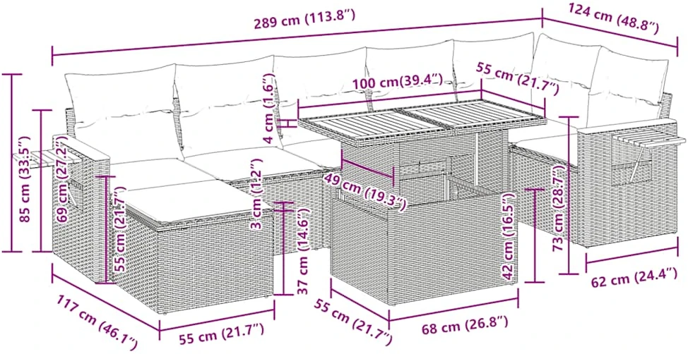 Sodo komplektas su pagalvėlėmis, 8 dalių, poliratanas/akacija