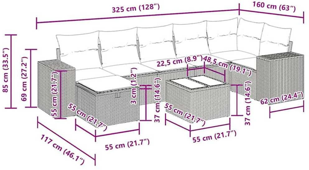 Sodo komplektas su pagalvėlėmis, 8 dalių, rudas, poliratanas
