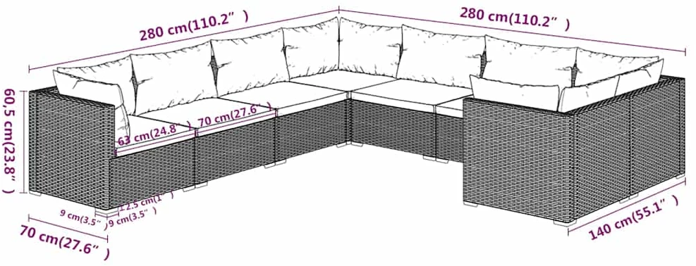 Lauko baldų komplektas Sodo komplektas su pagalvėlėmis, 8 dalių, rudas, poliratanas