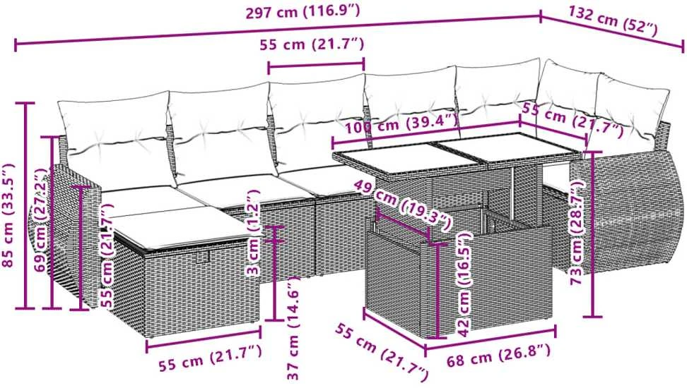 Lauko baldų komplektas Sodo komplektas su pagalvėlėmis, 8 dalių, pilkas, poliratanas