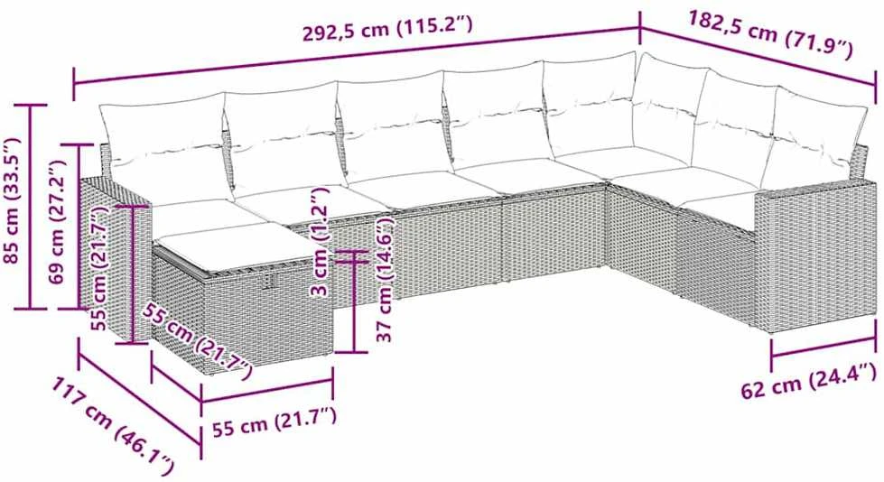 Lauko baldų komplektas Sodo komplektas su pagalvėlėmis, 8 dalių, pilkas, poliratanas
