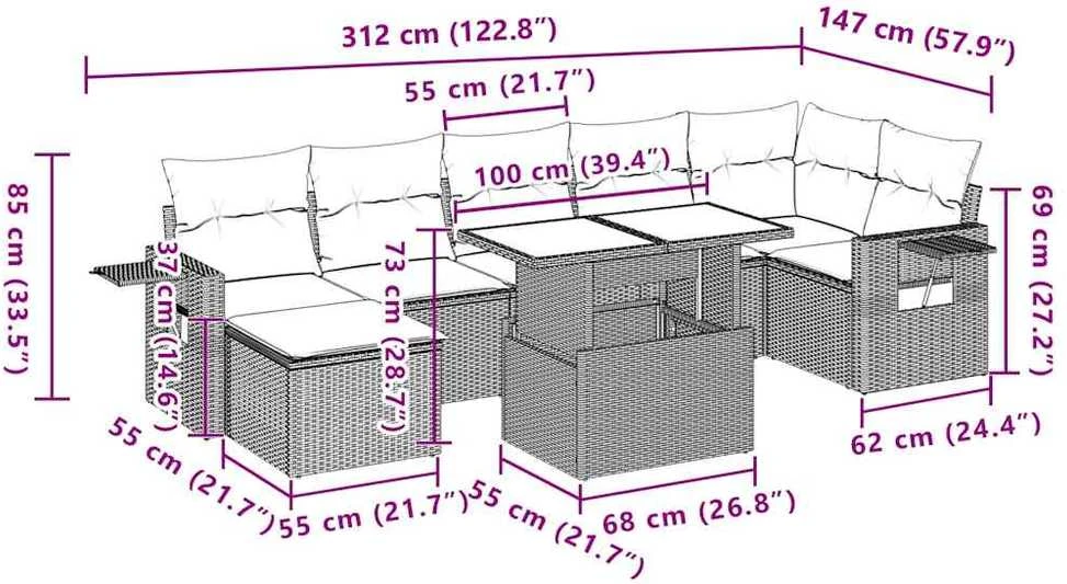 Lauko baldų komplektas Sodo komplektas su pagalvėlėmis, 8 dalių, pilkas, poliratanas
