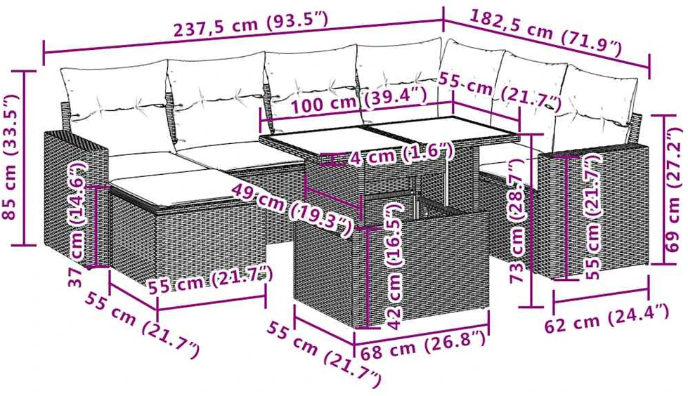 Sofa Sodo komplektas su pagalvėlėmis, 8 dalių, pilkas, poliratanas