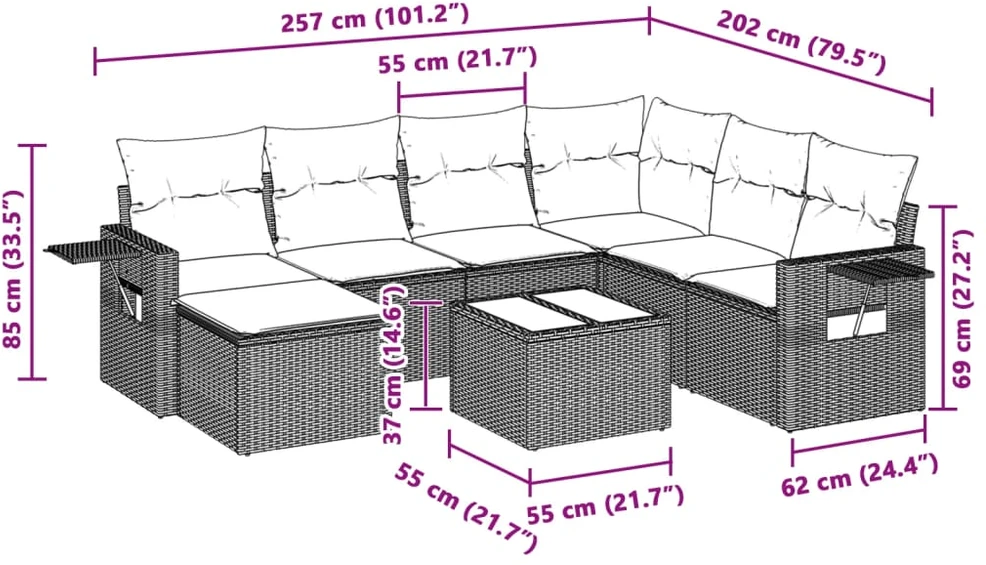 Sofa Sodo komplektas su pagalvėlėmis, 8 dalių, pilkas, poliratanas