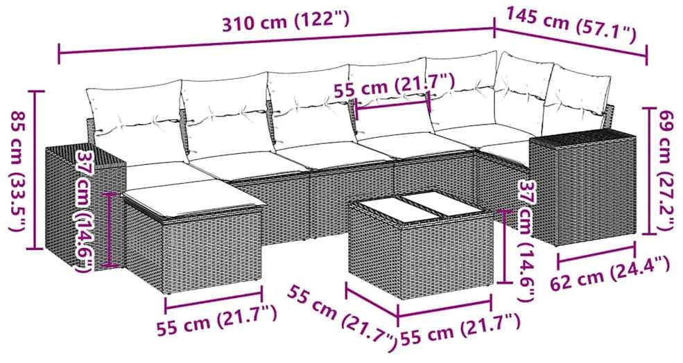 Sofa Sodo komplektas su pagalvėlėmis, 8 dalių, pilkas, poliratanas