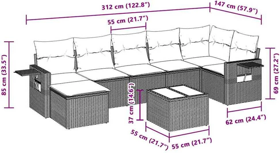 Sofa Sodo komplektas su pagalvėlėmis, 8 dalių, pilkas, poliratanas