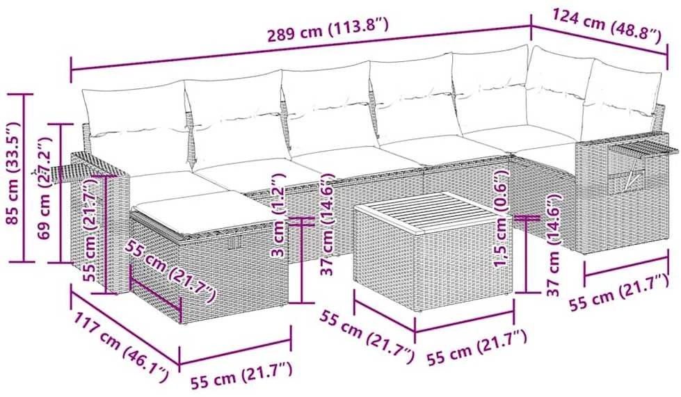 Lauko baldų komplektas Sodo komplektas su pagalvėlėmis, 8 dalių, pilkas, poliratanas