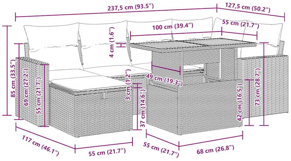 Lauko baldų komplektas Sodo komplektas su pagalvėlėmis, 8 dalių, poliratanas/akacija