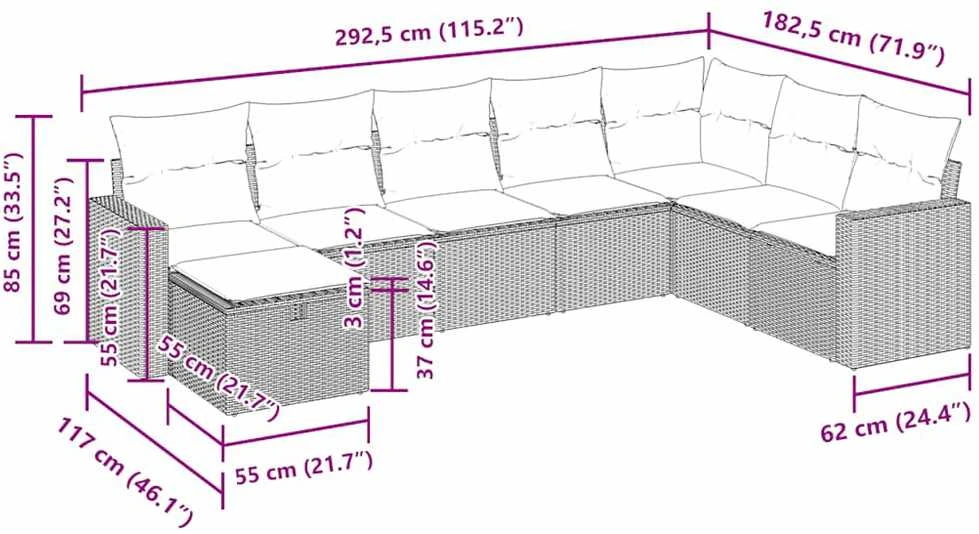 Lauko baldų komplektas Sodo komplektas su pagalvėlėmis, 8 dalių, rudas, poliratanas