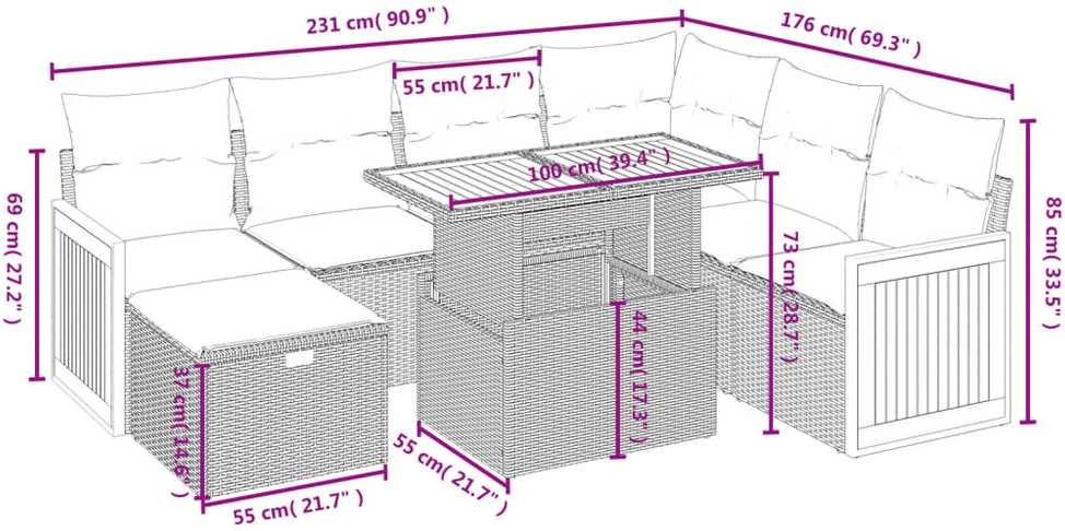 Lauko baldų komplektas Sodo komplektas su pagalvėlėmis, 8 dalių, pilkas, poliratanas