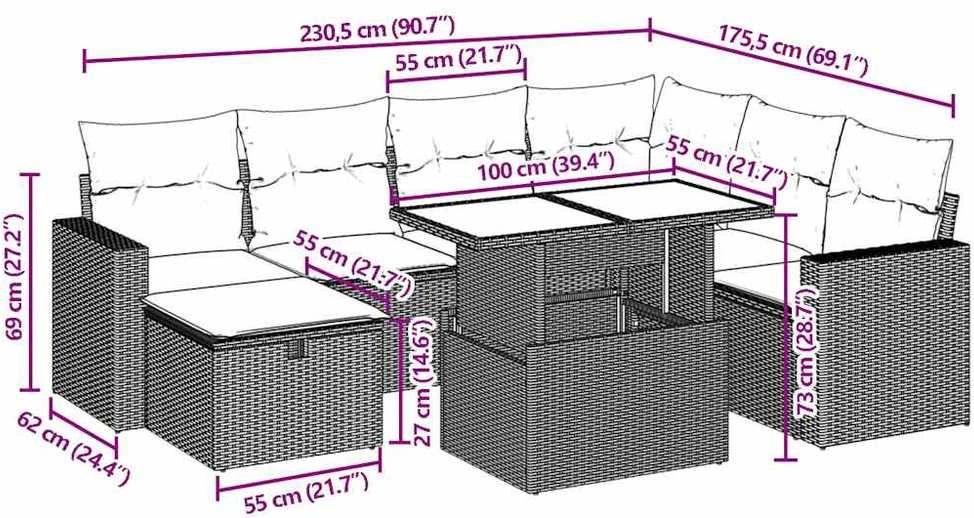 Sofa Sodo komplektas su pagalvėlėmis, 8 dalių, pilkas, poliratanas