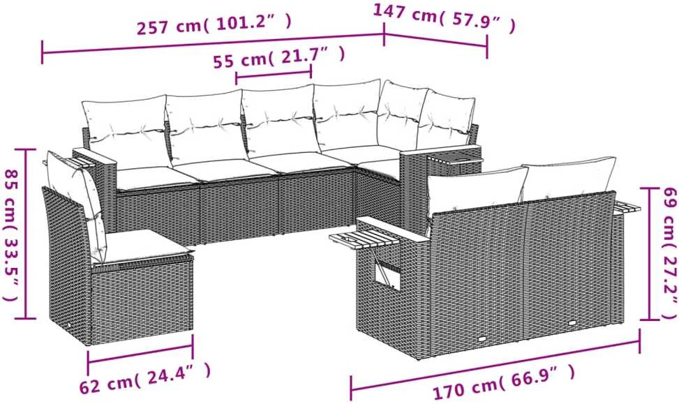 Lauko baldų komplektas Sodo komplektas su pagalvėlėmis, 8 dalių, pilkas, poliratanas