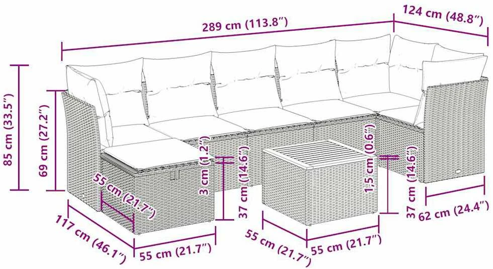 Lauko baldų komplektas Sodo komplektas su pagalvėlėmis, 8 dalių, pilkas, poliratanas