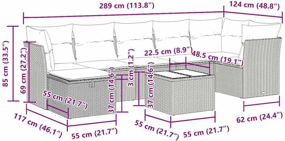 Lauko baldų komplektas Sodo komplektas su pagalvėlėmis, 8 dalių, pilkas, poliratanas