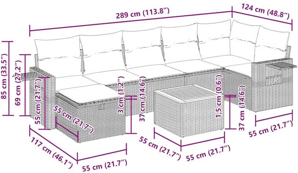 Lauko baldų komplektas Sodo komplektas su pagalvėlėmis, 8 dalių, pilkas, poliratanas