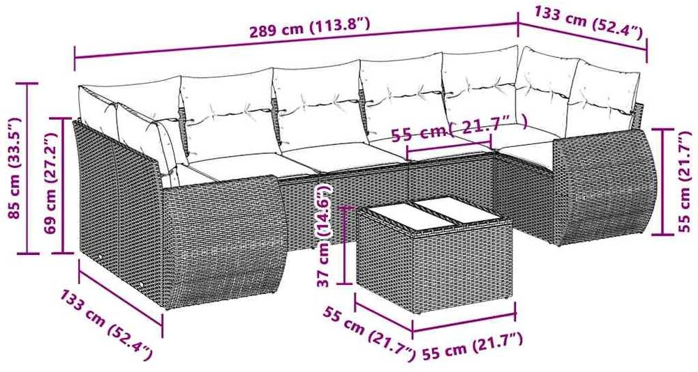 Lauko baldų komplektas Sodo komplektas su pagalvėlėmis, 8 dalių, pilkas, poliratanas