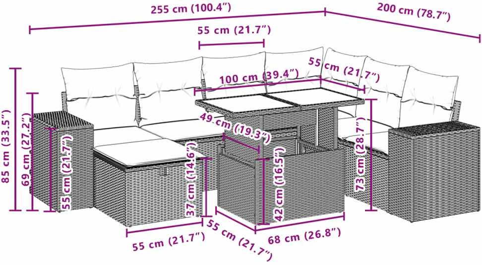 Lauko baldų komplektas Sodo komplektas su pagalvėlėmis, 8 dalių, pilkas, poliratanas