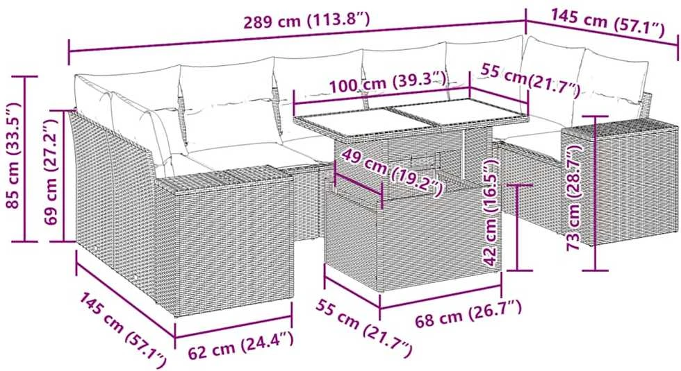Lauko baldų komplektas Sodo komplektas su pagalvėlėmis, 8 dalių, pilkas, poliratanas