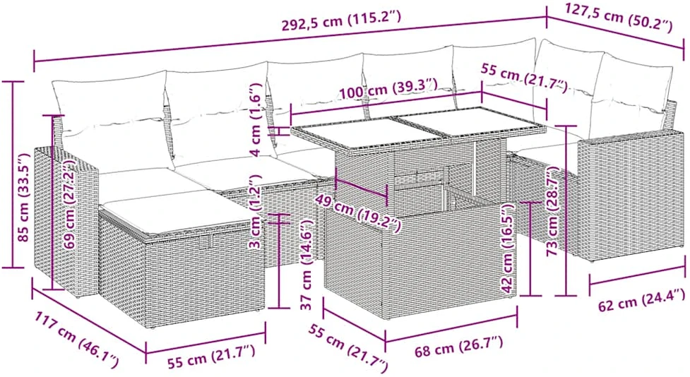 Lauko baldų komplektas Sodo komplektas su pagalvėlėmis, 8 dalių, poliratanas/akacija